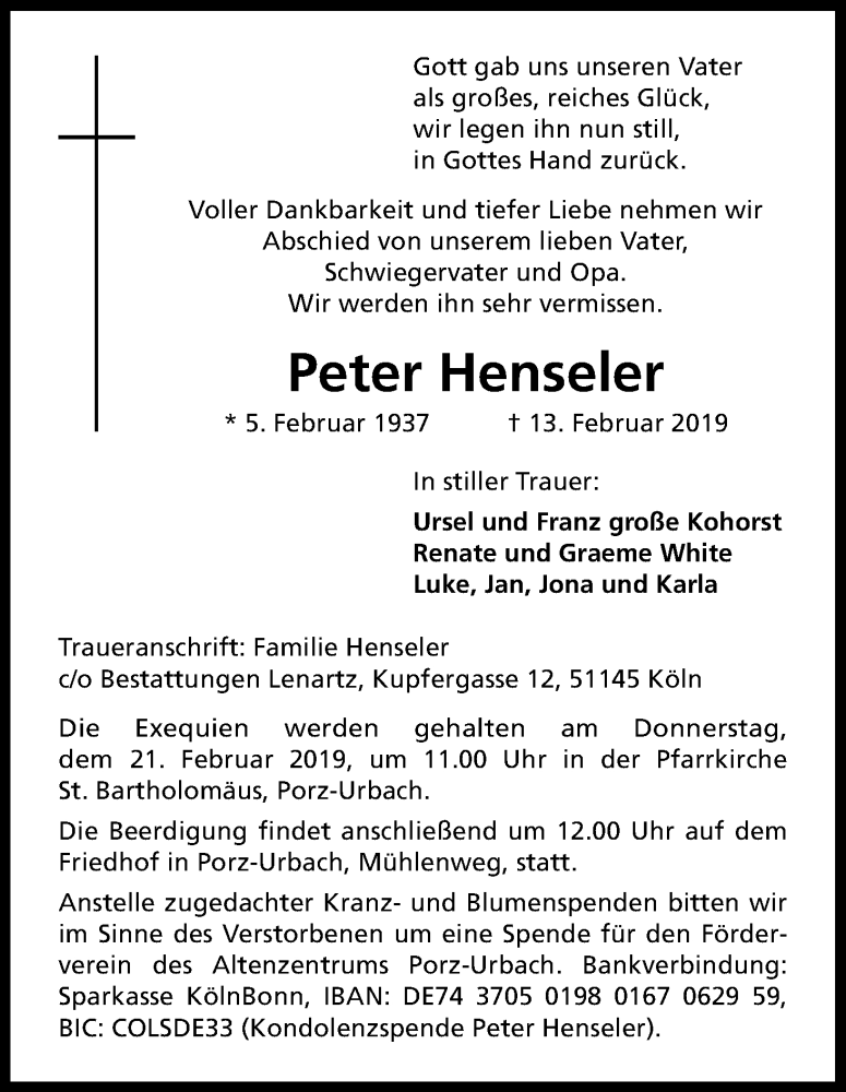  Traueranzeige für Peter Henseler vom 16.02.2019 aus Kölner Stadt-Anzeiger / Kölnische Rundschau / Express