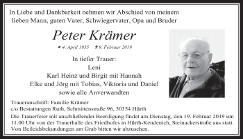 Anzeige von Peter Krämer von  Wochenende 