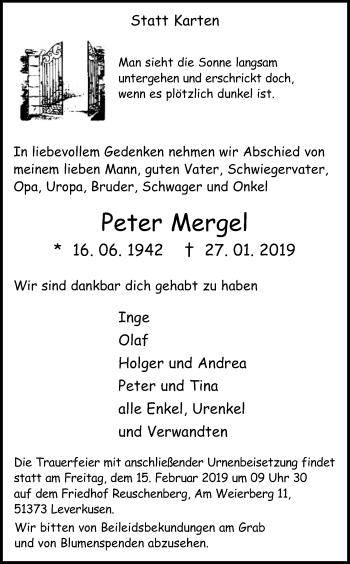 Anzeige von Peter Mergel von Kölner Stadt-Anzeiger / Kölnische Rundschau / Express