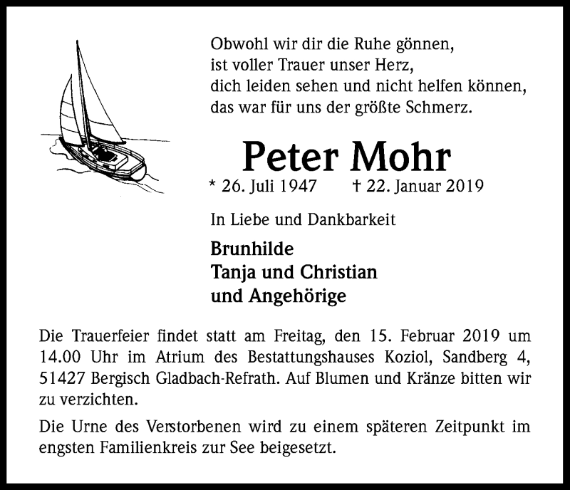  Traueranzeige für Peter Mohr vom 09.02.2019 aus Kölner Stadt-Anzeiger / Kölnische Rundschau / Express