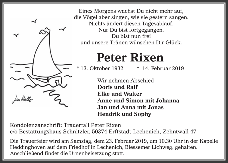  Traueranzeige für Peter Rixen vom 20.02.2019 aus  Werbepost 