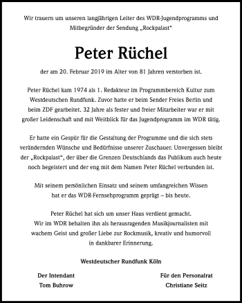 Anzeige von Peter Rüchel von Kölner Stadt-Anzeiger / Kölnische Rundschau / Express