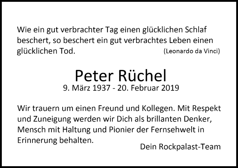  Traueranzeige für Peter Rüchel vom 27.02.2019 aus Kölner Stadt-Anzeiger / Kölnische Rundschau / Express
