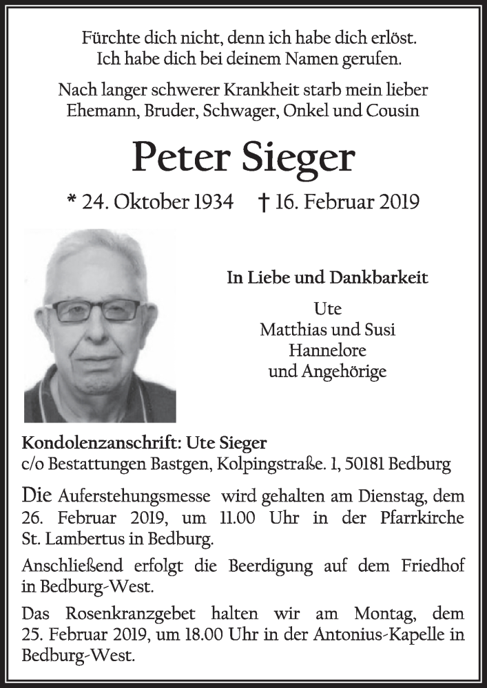  Traueranzeige für Peter Sieger vom 23.02.2019 aus  Sonntags-Post 