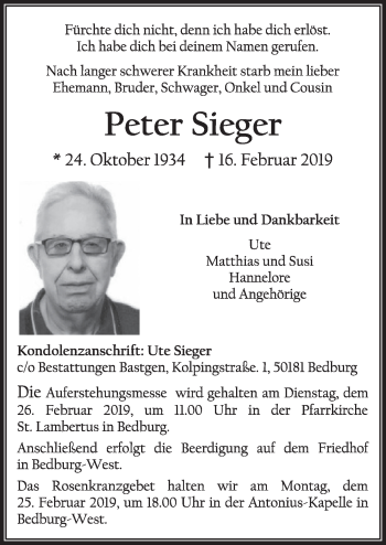 Anzeige von Peter Sieger von  Sonntags-Post 