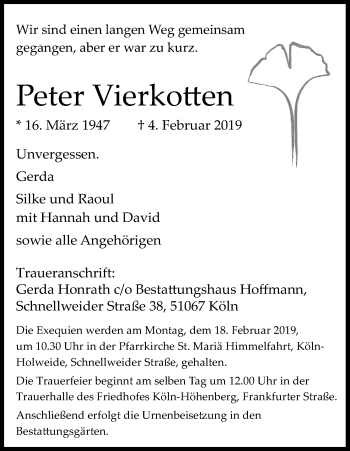 Anzeige von Peter Vierkotten von Kölner Stadt-Anzeiger / Kölnische Rundschau / Express