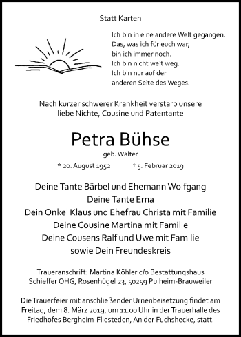Anzeige von Petra Bühse von Kölner Stadt-Anzeiger / Kölnische Rundschau / Express