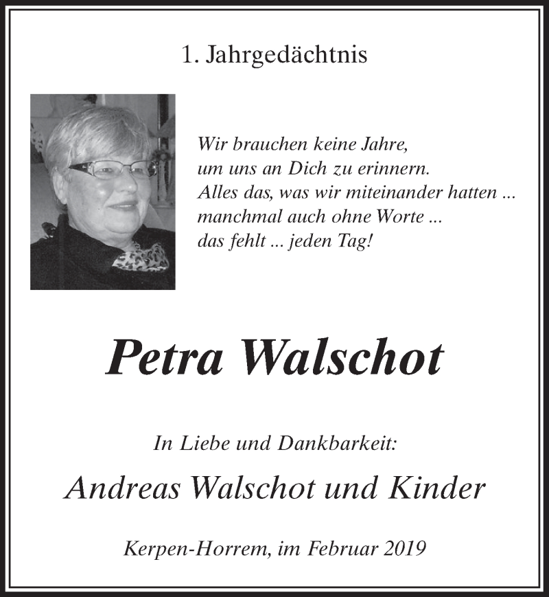  Traueranzeige für Petra Walschot vom 02.02.2019 aus  Sonntags-Post 
