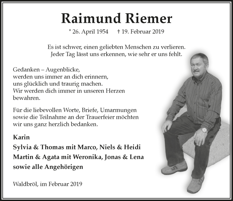  Traueranzeige für Raimund Riemer vom 27.02.2019 aus  Lokalanzeiger 