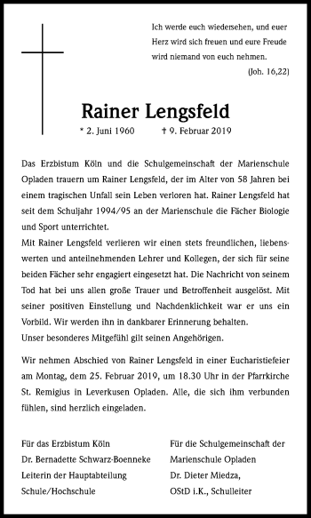 Anzeige von Rainer Lengsfeld von Kölner Stadt-Anzeiger / Kölnische Rundschau / Express