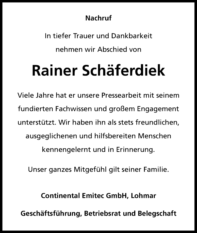  Traueranzeige für Rainer Schäferdiek vom 06.02.2019 aus Kölner Stadt-Anzeiger / Kölnische Rundschau / Express