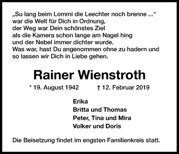 Anzeige von Rainer Wienstroth von Kölner Stadt-Anzeiger / Kölnische Rundschau / Express