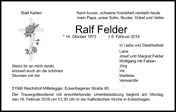 Anzeige von Ralf Felder von Kölner Stadt-Anzeiger / Kölnische Rundschau / Express