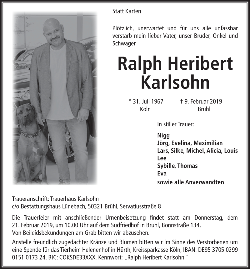  Traueranzeige für Ralph Heribert Karlsohn vom 20.02.2019 aus  Schlossbote/Werbekurier 
