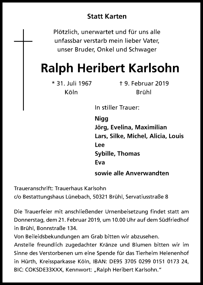  Traueranzeige für Ralph Heribert Karlsohn vom 16.02.2019 aus Kölner Stadt-Anzeiger / Kölnische Rundschau / Express