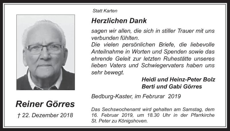  Traueranzeige für Reiner Görres vom 06.02.2019 aus  Werbepost 