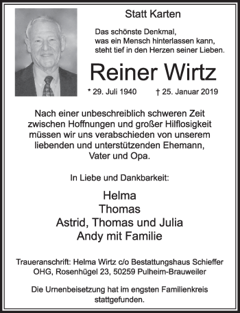 Anzeige von Reiner Wirtz von  Sonntags-Post 