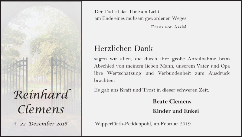  Traueranzeige für Reinhard Clemens vom 02.02.2019 aus Kölner Stadt-Anzeiger / Kölnische Rundschau / Express