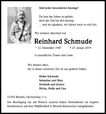 Anzeige von Reinhard Schmude von Kölner Stadt-Anzeiger / Kölnische Rundschau / Express