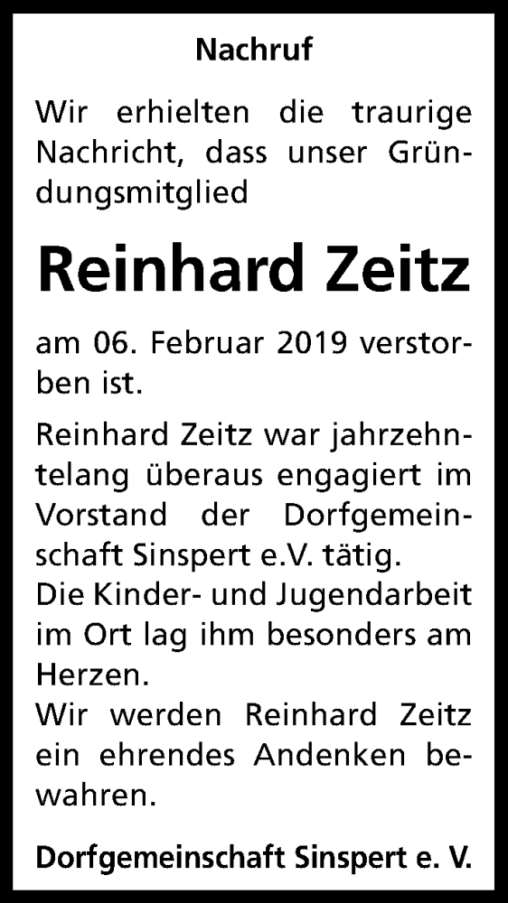  Traueranzeige für Reinhard Zeitz vom 20.02.2019 aus Kölner Stadt-Anzeiger / Kölnische Rundschau / Express