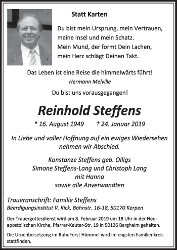 Anzeige von Reinhold Steffens von  Sonntags-Post 