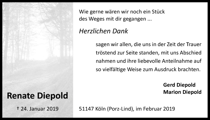  Traueranzeige für Renate Diepold vom 20.02.2019 aus  Kölner Wochenspiegel 