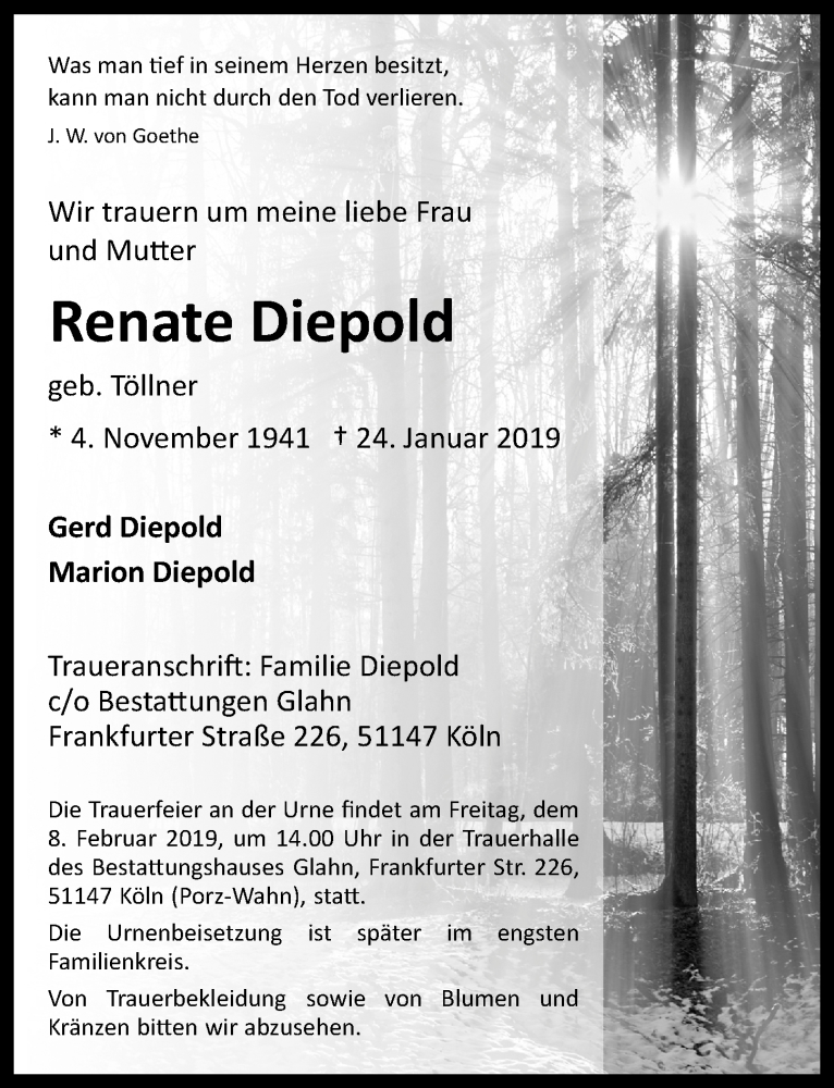  Traueranzeige für Renate Diepold vom 06.02.2019 aus  Kölner Wochenspiegel 
