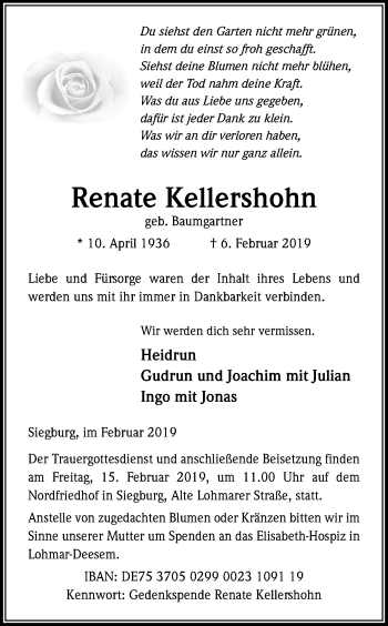 Anzeige von Renate Kellershohn von Kölner Stadt-Anzeiger / Kölnische Rundschau / Express