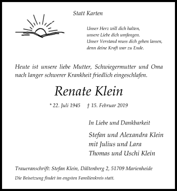 Anzeige von Renate Klein von Kölner Stadt-Anzeiger / Kölnische Rundschau / Express