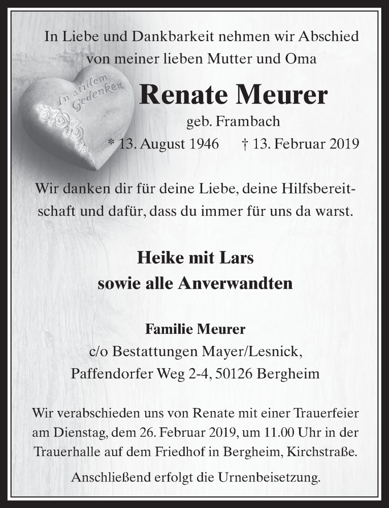  Traueranzeige für Renate Meurer vom 20.02.2019 aus  Werbepost 