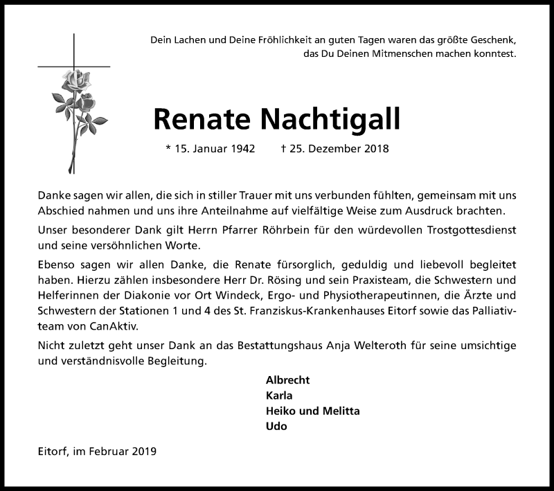  Traueranzeige für Renate Nachtigall vom 02.02.2019 aus Kölner Stadt-Anzeiger / Kölnische Rundschau / Express