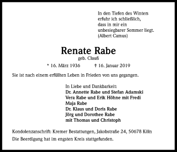 Anzeige von Renate Rabe von Kölner Stadt-Anzeiger / Kölnische Rundschau / Express