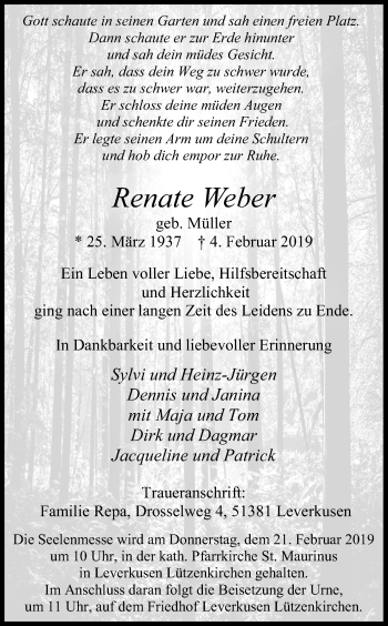 Anzeige von Renate Weben von Kölner Stadt-Anzeiger / Kölnische Rundschau / Express