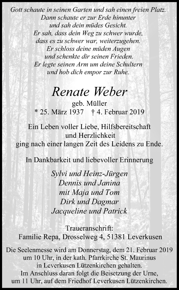  Traueranzeige für Renate Weben vom 16.02.2019 aus Kölner Stadt-Anzeiger / Kölnische Rundschau / Express