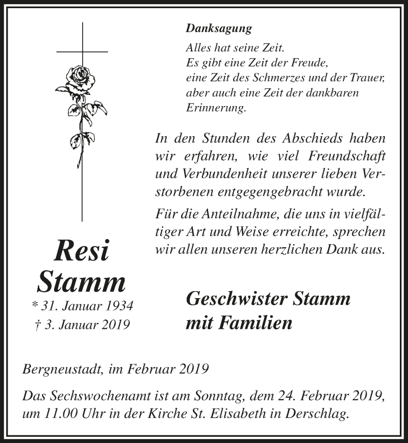  Traueranzeige für Resi Stamm vom 20.02.2019 aus  Anzeigen Echo 