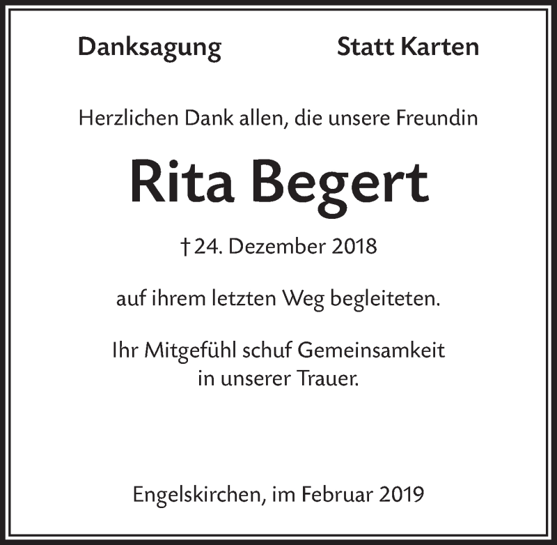  Traueranzeige für Rita Begert vom 13.02.2019 aus  Anzeigen Echo 
