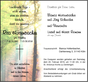 Anzeige von Rita Hottenbacher von  Anzeigen Echo  Lokalanzeiger 