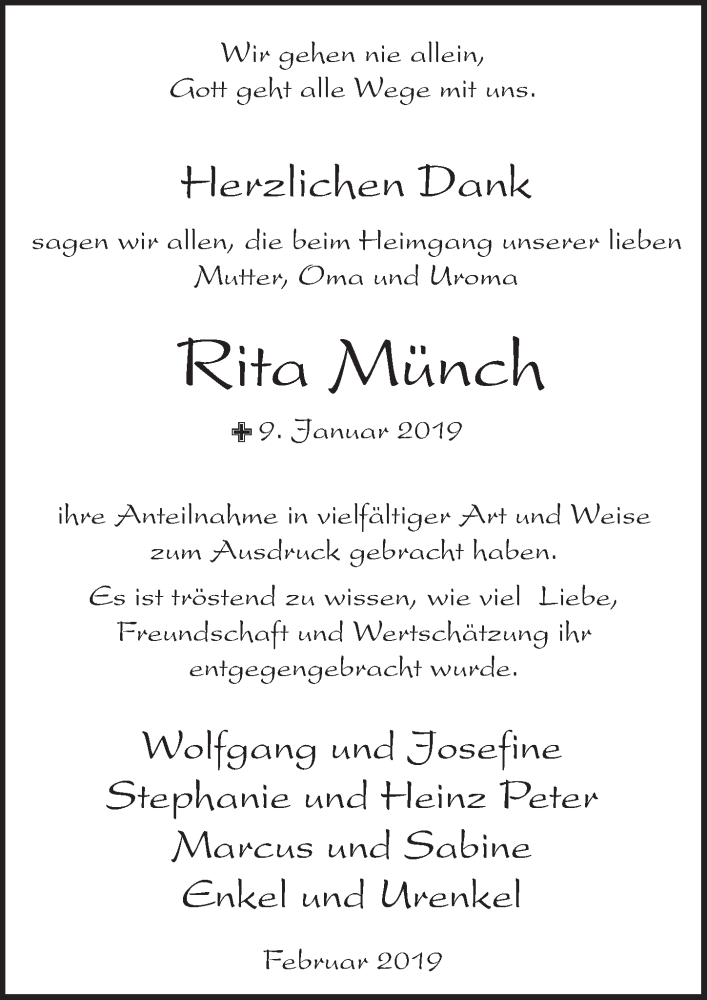  Traueranzeige für Rita Münch vom 23.02.2019 aus  Blickpunkt Euskirchen 