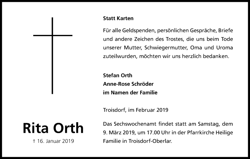  Traueranzeige für Rita Orth vom 23.02.2019 aus Kölner Stadt-Anzeiger / Kölnische Rundschau / Express