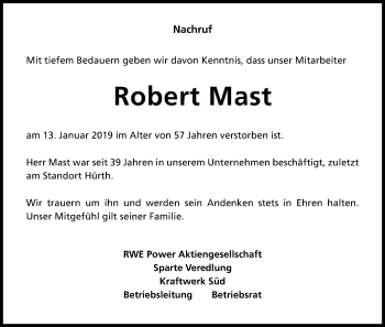 Anzeige von Robert Mast von Kölner Stadt-Anzeiger / Kölnische Rundschau / Express