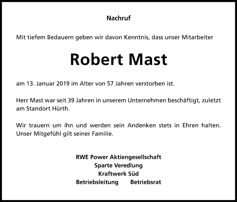  Traueranzeige für Robert Mast vom 22.02.2019 aus Kölner Stadt-Anzeiger / Kölnische Rundschau / Express
