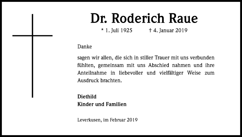  Traueranzeige für Roderich Raue vom 23.02.2019 aus Kölner Stadt-Anzeiger / Kölnische Rundschau / Express