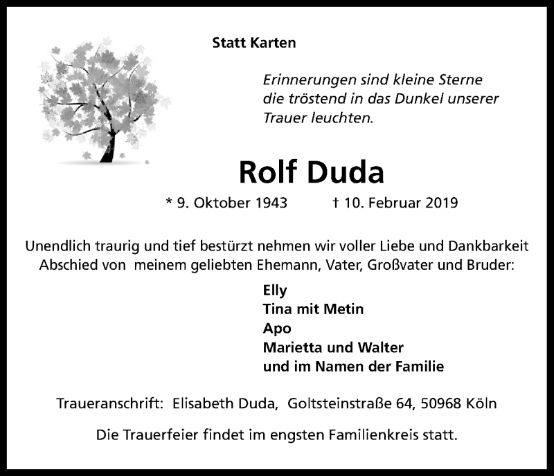  Traueranzeige für Rolf Duda vom 16.02.2019 aus Kölner Stadt-Anzeiger / Kölnische Rundschau / Express
