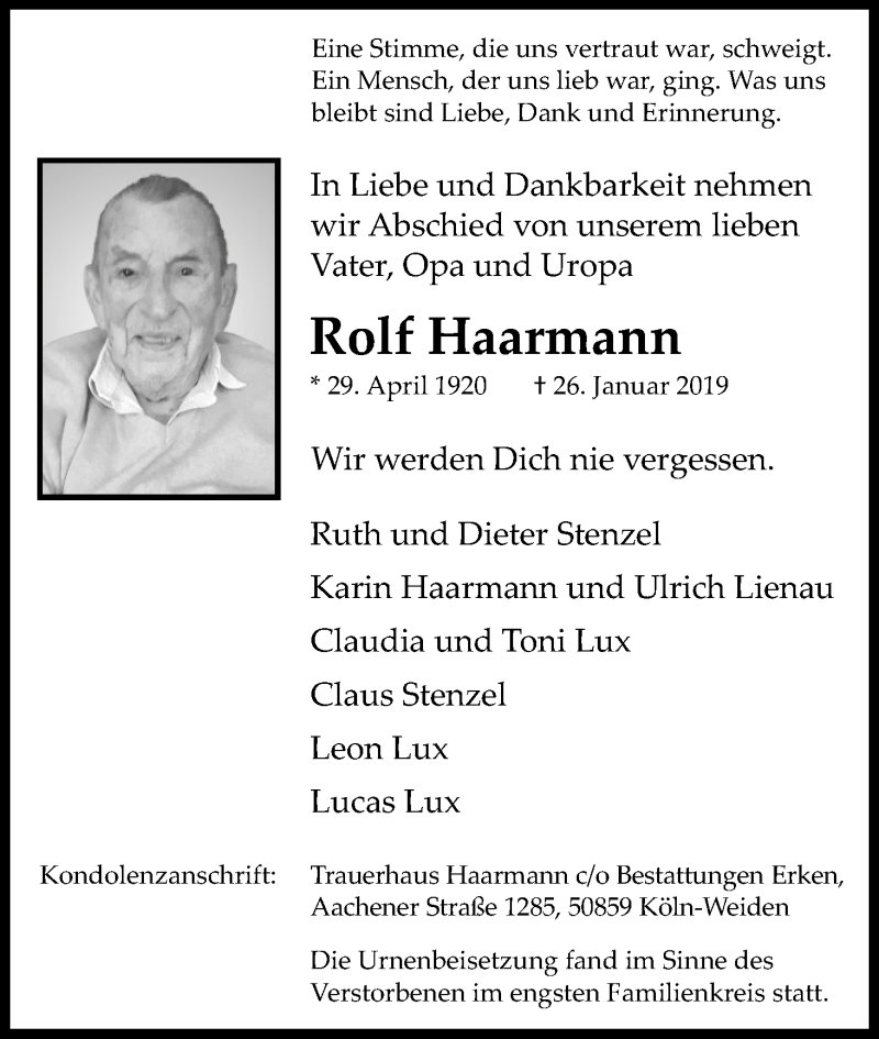  Traueranzeige für Rolf Haarmann vom 16.02.2019 aus Kölner Stadt-Anzeiger / Kölnische Rundschau / Express