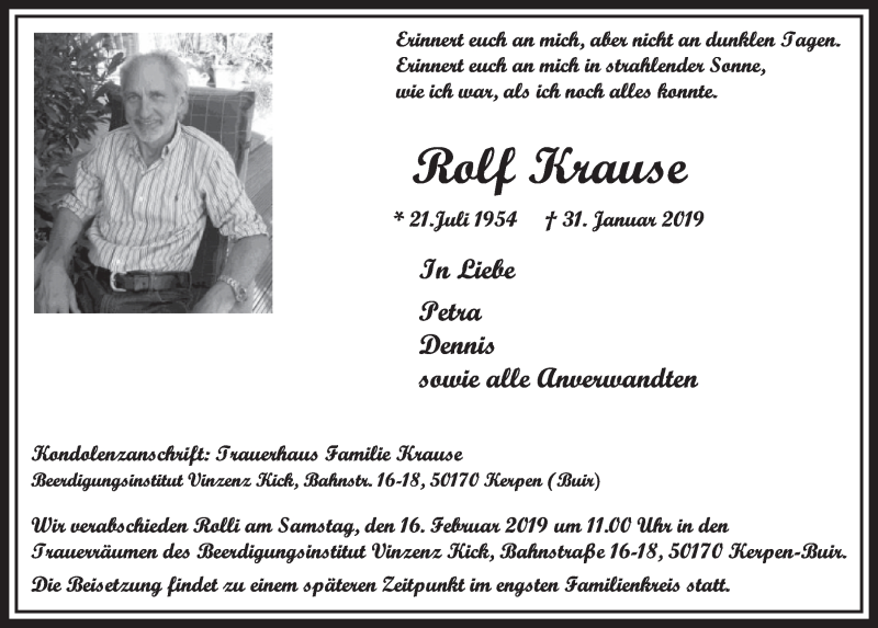  Traueranzeige für Rolf Krause vom 09.02.2019 aus  Sonntags-Post 