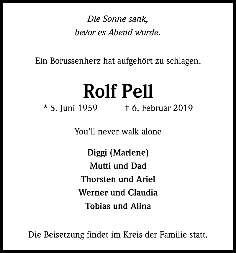  Traueranzeige für Rolf Pell vom 09.02.2019 aus Kölner Stadt-Anzeiger / Kölnische Rundschau / Express