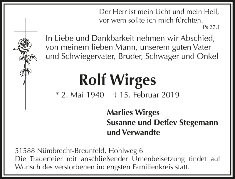  Traueranzeige für Rolf Wirges vom 20.02.2019 aus  Anzeigen Echo 