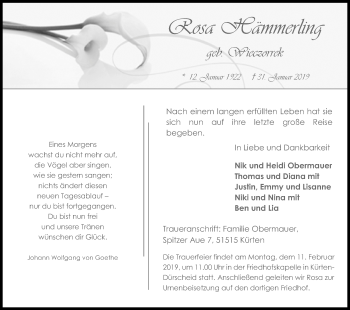 Anzeige von Rosa Hämmerling von Kölner Stadt-Anzeiger / Kölnische Rundschau / Express