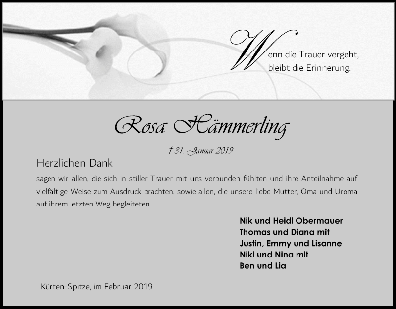  Traueranzeige für Rosa Hämmerling vom 23.02.2019 aus Kölner Stadt-Anzeiger / Kölnische Rundschau / Express