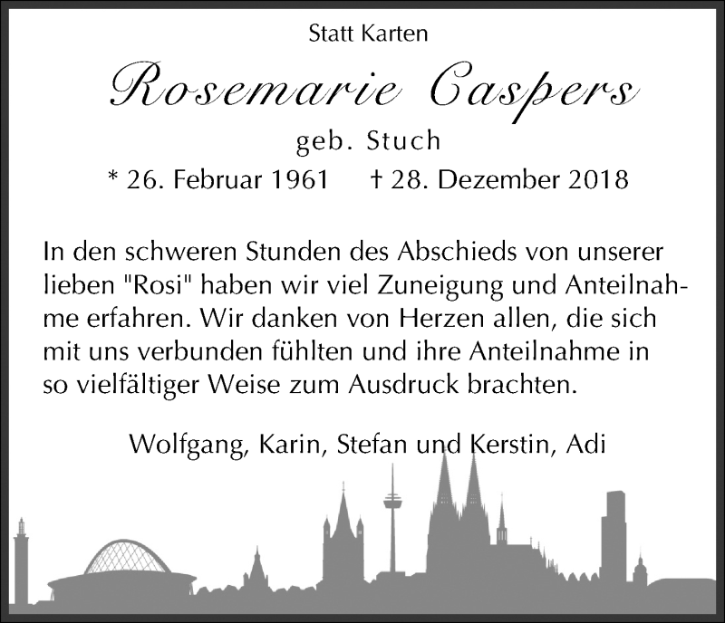  Traueranzeige für Rosemarie Caspers vom 02.02.2019 aus Kölner Stadt-Anzeiger / Kölnische Rundschau / Express